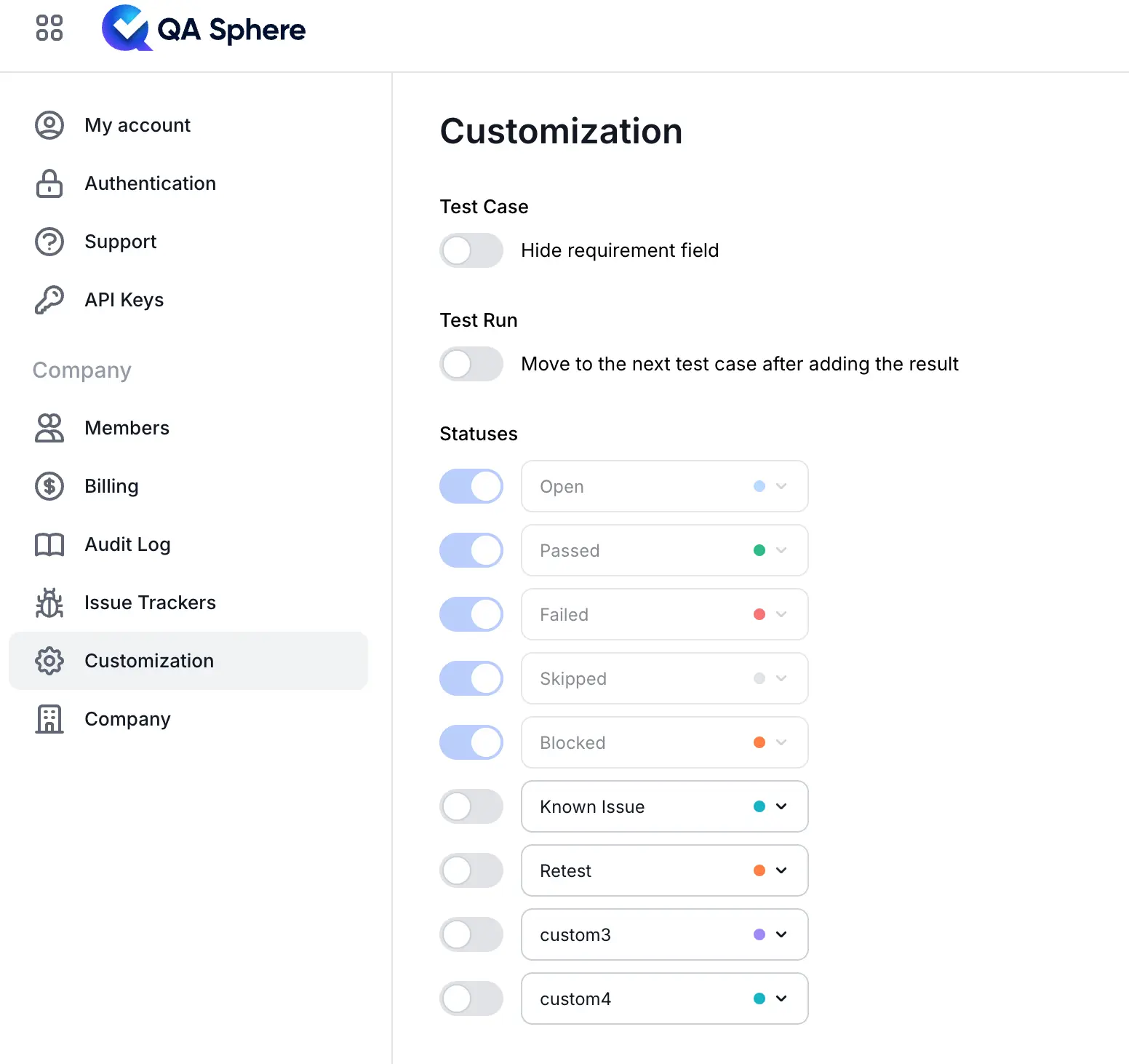 Test case custom statuses