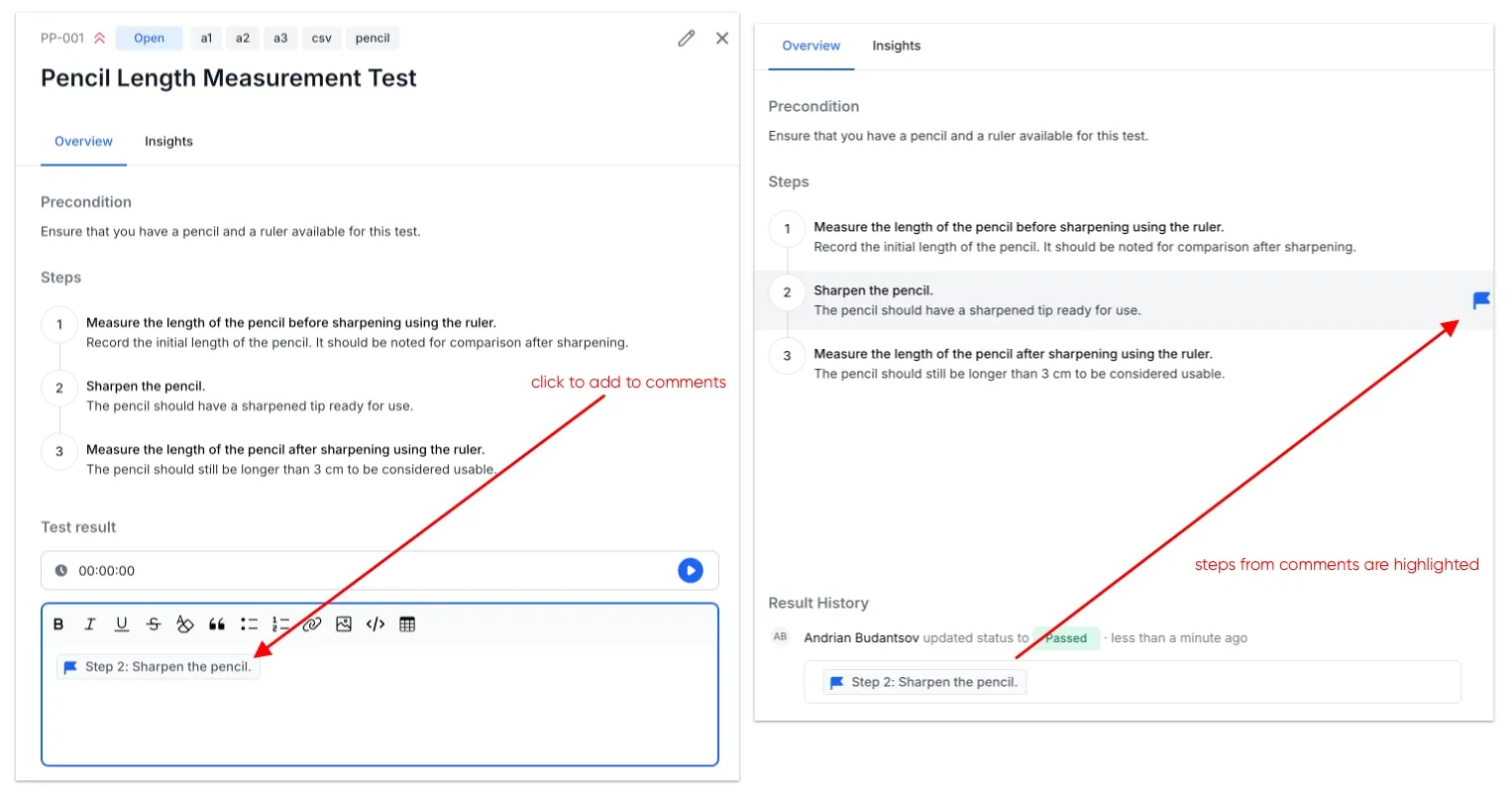 Refer test case step in the comment