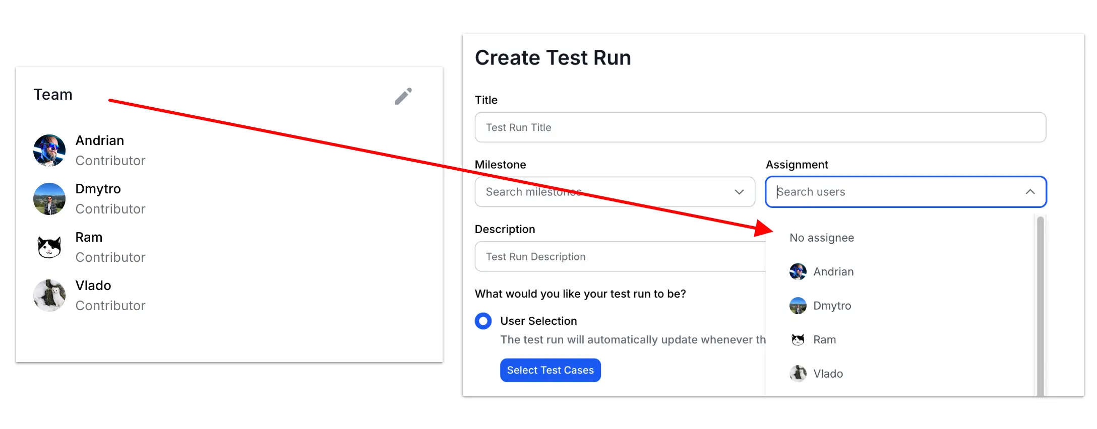 Test run assignee